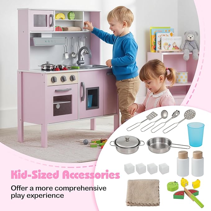 HONEY JOY Kids Kitchen Playset, Wooden Play Kitchen for Toddlers, Microwave, Range Hood, Ice Maker, 18 Cooking Accessories, Little Chef Pretend Play Toy Kitchen Set, Gift for Boys Girls, Pink
