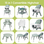 15 in 1 Convertiable High Chair for Babies and Toddlers, 2 in 1 Highchair & Activity Center w/Toys, Booster Seat, Toddler Chair w/5-Point Harness & Removable Tray & 2-Layer Cusion (Green)