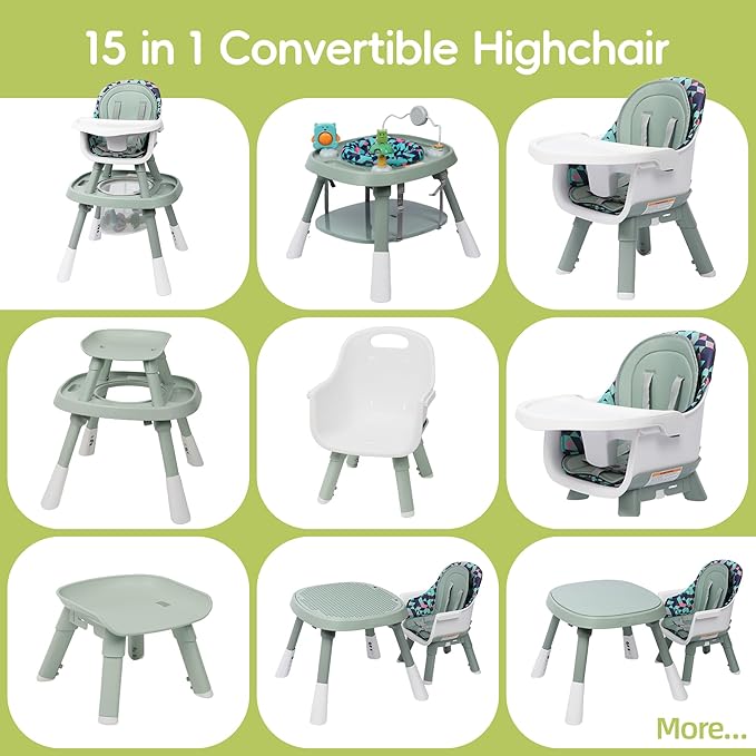 15 in 1 Convertiable High Chair for Babies and Toddlers, 2 in 1 Highchair & Activity Center w/Toys, Booster Seat, Toddler Chair w/5-Point Harness & Removable Tray & 2-Layer Cusion (Green)