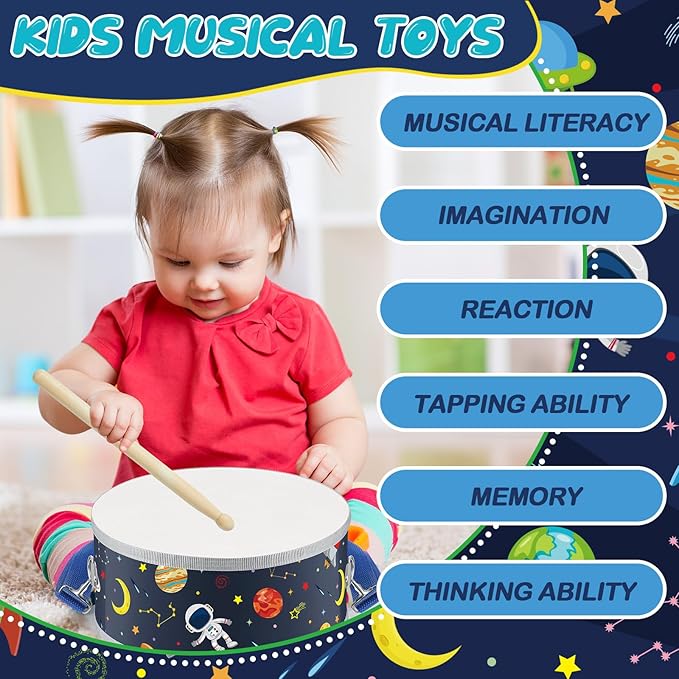 Boao 1 Pc Kids Drum Set, 8 Inch Toddler Drum Wooden Toy with Adjustable Strap and 4 Drumsticks, Educational Sensory Musical Instrument for Toddlers Kid Baby Boys Girls Gift (Space)