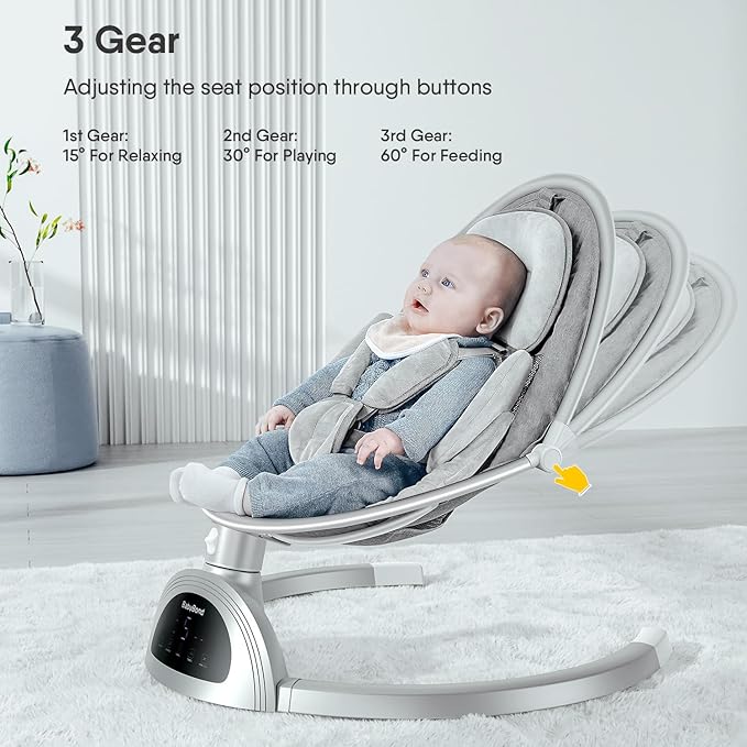 BabyBond Baby Swings for Infants, Bluetooth Infant Swing with Music Speaker, 3 Seat Positions, 5 Point Harness Belt, 5 Speeds and Remote Control - Portable Baby Swing for Indoor and Outdoor (Silver)
