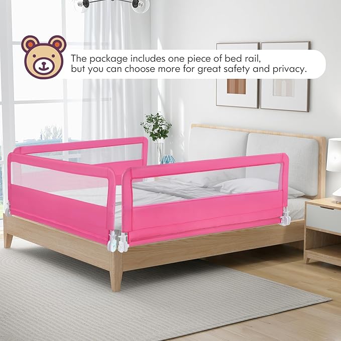 BABY JOY Bed Rails for Toddlers, 59'' Extra Long, Swing Down Bed Guard w/Safety Straps, Folding Baby Bedrail for Kids Twin, Double, Full Size Queen & King Mattress (Pink, 59-Inch)