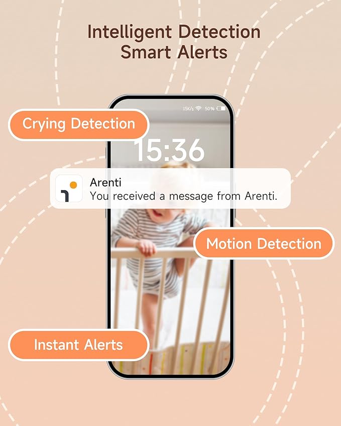 ARENTI Baby Monitor with 2 Cameras, 2K Smart Baby Camera with 5'' Upgraded Wireless Display, Super Night Vision, Breathing Light, Lullabies, Cry&Motion Detection, Temp&Humidity Sensor, 2 Way Audio