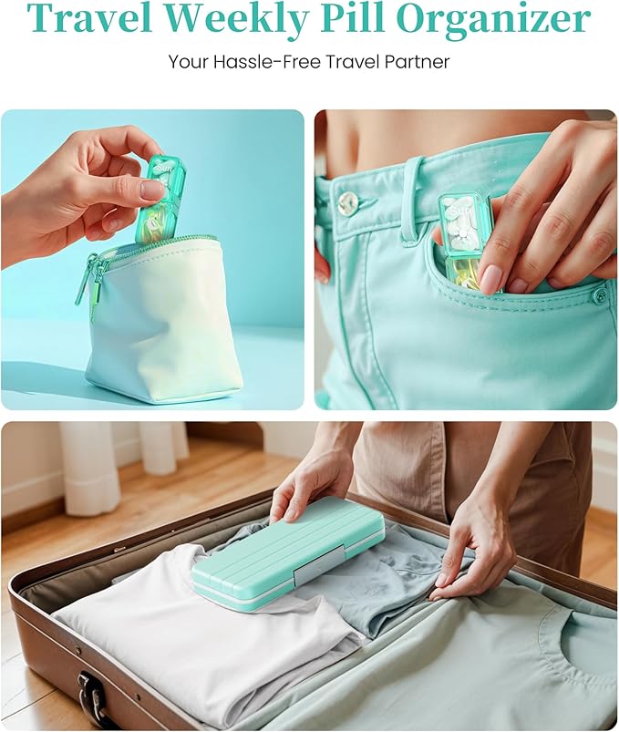 Zoksi Am Pm Pill Organizer 7 Day, Weekly Pill Box 2 Times a Day, Medicine Pill Organizer with Separate Compartment, Travel Pill Case Dispenser Portable for Vitamins, Fish Oils, Medicines(Green)