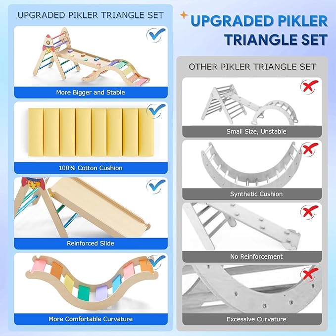 Pikler Triangle Set with Cushion, 9-in-1 Kids Climbing Toys for Toddlers 1-3 Inside, Montessori Toddler Climbing Toys Indoor, Large Wooden Pikler Triangle Climbing Set Baby Playground for Children