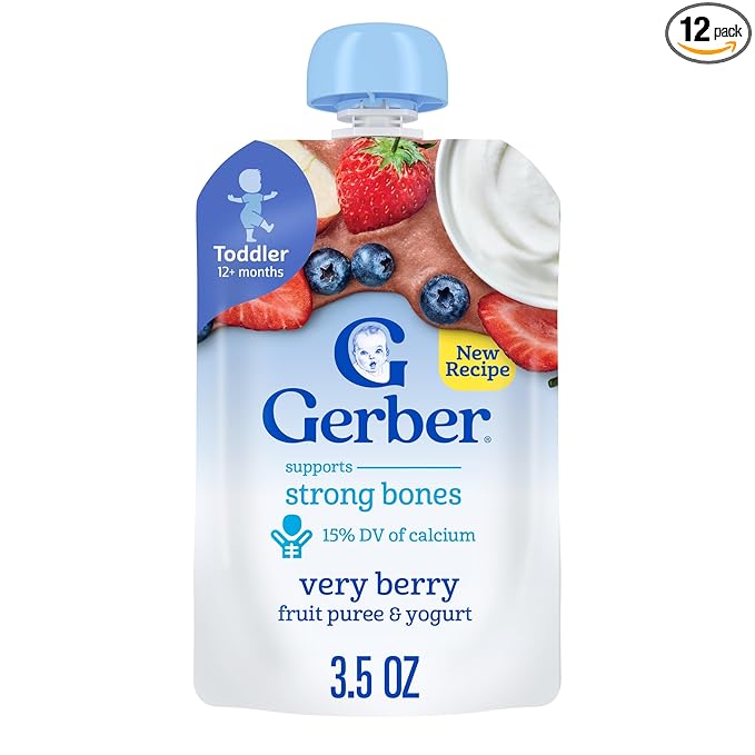 Gerber Toddler Food, Very Berry, Fruit Puree and Yogurt Pouch. No Added Sweeteners, 12PK