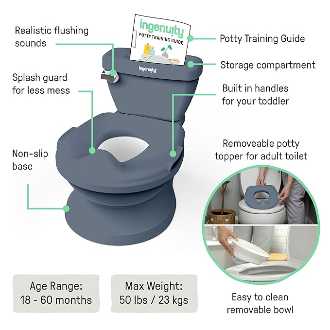 Ingenuity My Size Potty Pro in Blue, Infant Potty Training Toilet, Lifelike Flushing Sound, for Ages 18 Months, Up to 50 Pounds