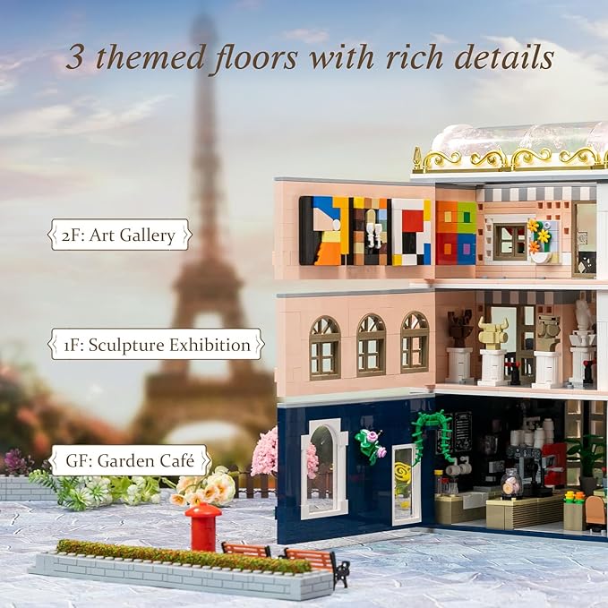 PANTASY Blossom Café Modular Building Set, 3-Story European Glasshouse Landmark with Café, Art Gallery & Floral Atrium, Collectible Architecture Model Kit for Adults, Creative Display Blocks