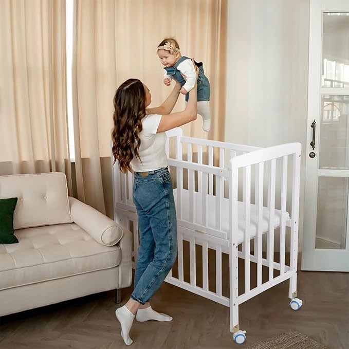 Baby Bassinets Bedside Sleeper - Portable Pine Wood Bedside Bassinet,6 Heights Small Mini Crib with Mattress,Space-Saving Design Baby Crib for Newborns,White