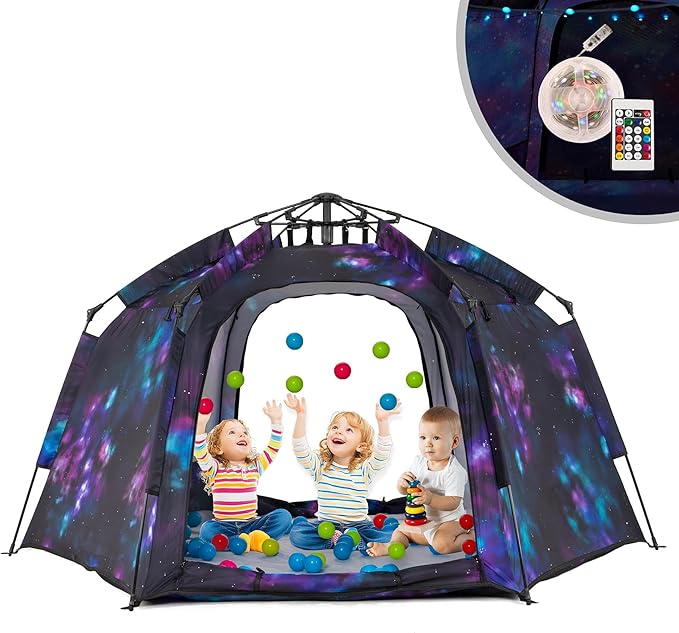 Portable Hexagon Kids Play Tent with LED Strip Lights Indoor Children Play House Easy Set-up Space Dream Tent for Night.4-5 Person Large Tents & Birthday Gifts