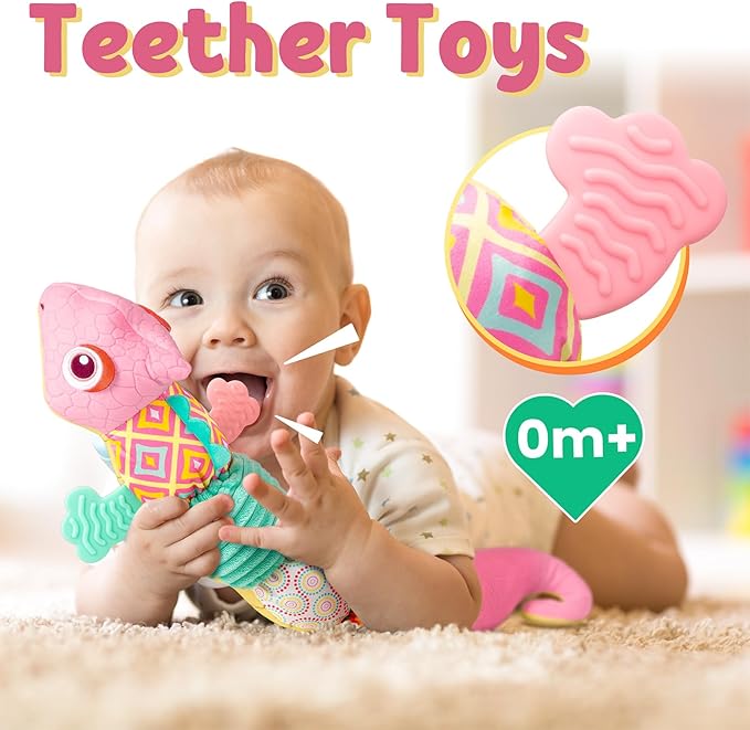 LIGHTDESIRE Baby Toys Musical Dinosaur,Infant Stuffed Animal Toys with Crinkle and Rattles,Soft Sensory Toys with Textures for Tummy Time Newborn Boys Girls 0 3 6 12 Months(Pink)