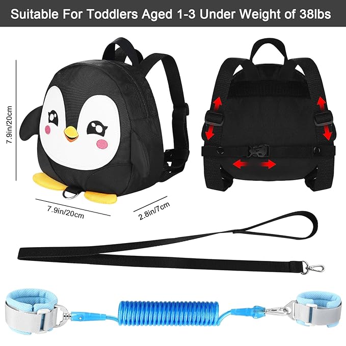 Accmor Toddler Harness Backpack Leash, Cute Penguin Kid Backpacks with Anti Lost Wrist Link, Mini Child Backpack Harness Leashes Walking Wristband Rope Travel Bag Harness Rein for Baby Girls (Black)