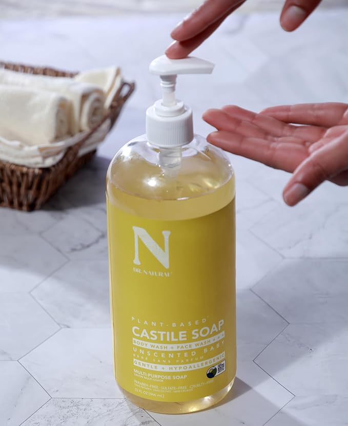Dr. Natural Castile Liquid Soap - Multi-Use Body Wash, Shampoo and Face Wash - Body Soap for Skin, Hair, Pets and Home - Unscented Baby - 32 oz.