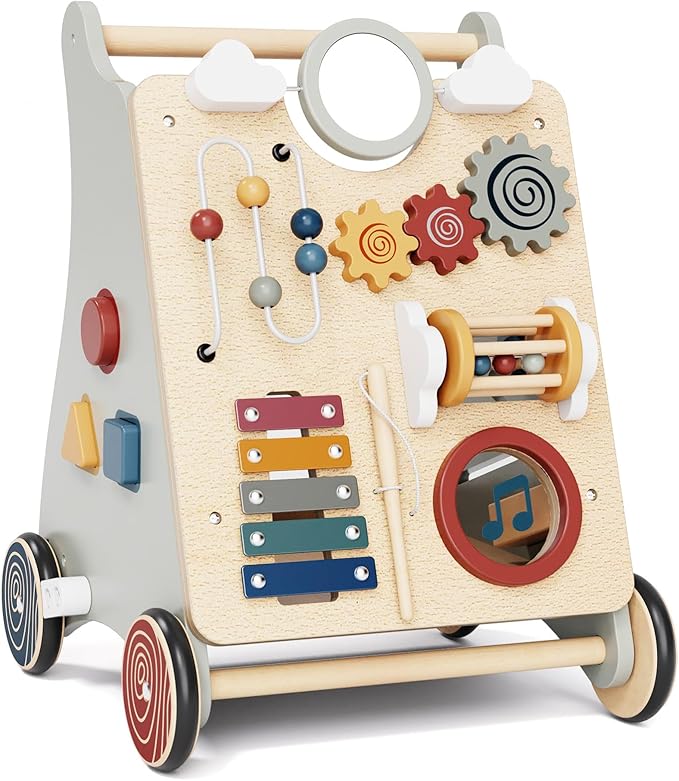 Baby Push Walker with Detachable Busy Board, Wooden Baby Walker with Adjustable Speed Wheels, Montessori Push Walker for Babies, Push Walking Toys for Boys & Girls 1 Year Old, Gifts for Toddler
