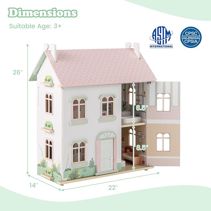 Costzon Wooden Dollhouse for Kids, 3-Level Dollhouse Playset with Double-Sided Roofs, 19 Furniture & Accessories, 5 Rooms, Pretend Play Toddler Doll House, Gift for Kids Aged 3+ (Multicolor)