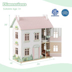 Costzon Wooden Dollhouse for Kids, 3-Level Dollhouse Playset with Double-Sided Roofs, 19 Furniture & Accessories, 5 Rooms, Pretend Play Toddler Doll House, Gift for Kids Aged 3+ (Multicolor)