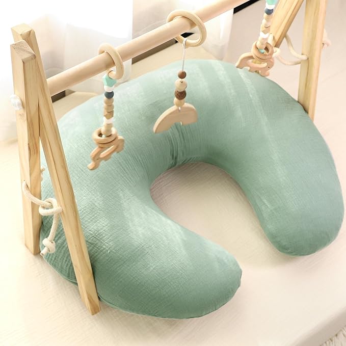 Hooyax Muslin Nursing Pillow Covers 2 Pack, Soft and Breathable Nursing Covers for Breastfeeding Pillows, Adorable Infant Feeding Pillow slipcover for Baby Boy and Girls (Green Gray)