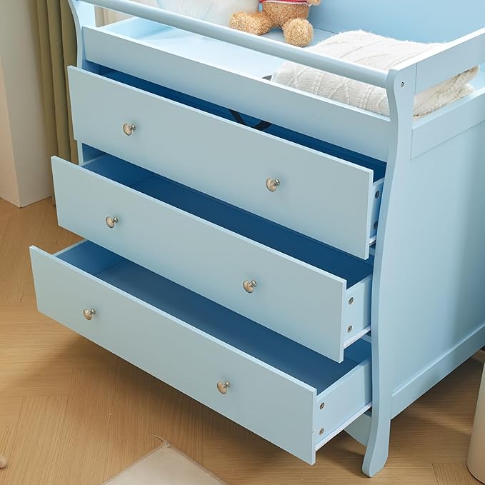 3-Drawer Changing Table, Safety Rails & Strap, Infant Diaper Changing Station with Drawers, Baby Diaper Changing Table Dresser for Nursery, Easy Assembly (Blue)