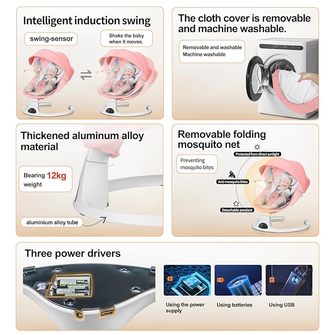 Baby Swing for Newborn to Toddler, 5 Speed Portable Infant Swing with Bluetooth Touch, Remote Control, 10 Lullabies, Timer, 5 Point Harness and Soft Fabric (Pink)