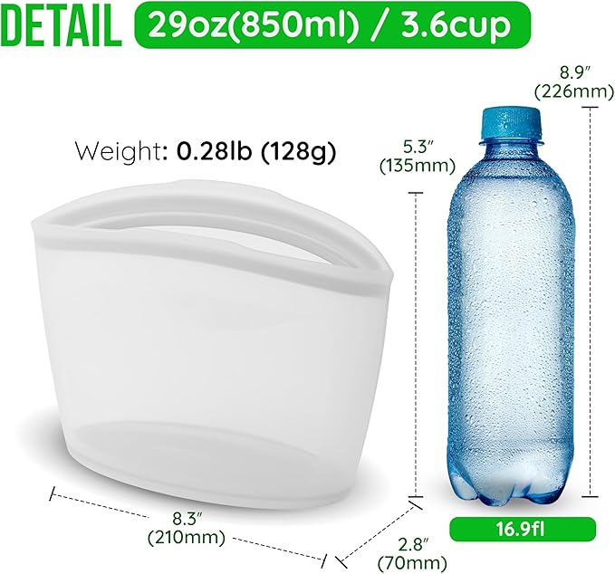 Reusable Silicone Food Storage Bags 3.6Cup (29oz), Airtight food Storage Containers Food Grade Silicone Snack Bags, BPA Free Food Storage Container, Microwave Safe, Sous Vide Container, White