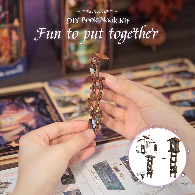 CUTEBEE Book Nook Kit - DIY Miniature House Dollhouse Kit for Adults and Teens, Booknook Tiny House Bookshelf Decor 3D Wooden Puzzle, Gifts for Family, Friends (The Grace of The Forest)