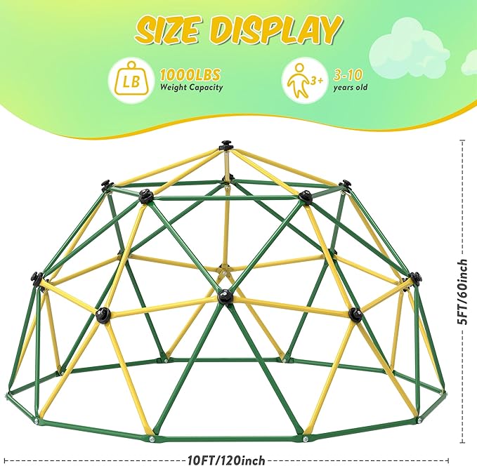 Climbing Dome, 10FT Dome Climber with Hammock & Swing for Kids 3-10, Kids Outdoor Jungle Gym Supports 1000lbs, Easy Assembly Playground Jungle Gym Backyard Play Equipment, Yellow+Green