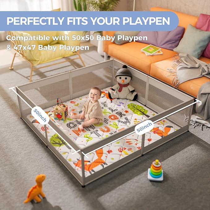 Baby Play Mat 50x50 Playpen Mat Upgraded Thicker Baby Floor Play Mat Cushioned Anti- Slip Crawling Mat Waterproof Activity Playmat for Babies Toddlers Infants Tummy Time(50x50, Letter Fox)