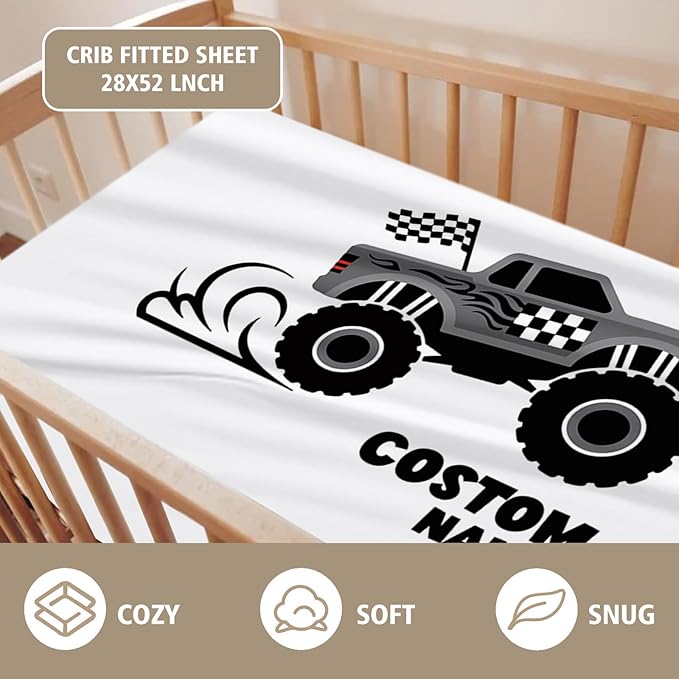 Personalized Baby Crib Bedding Set, Custom Name Pickup Truck Pattern Nursery Bedding Set 3 Pcs, Baby Blanket Fitted Crib Sheet Changing Pad Cover, Personalized Nursery Decor Gift for Newborns Boys