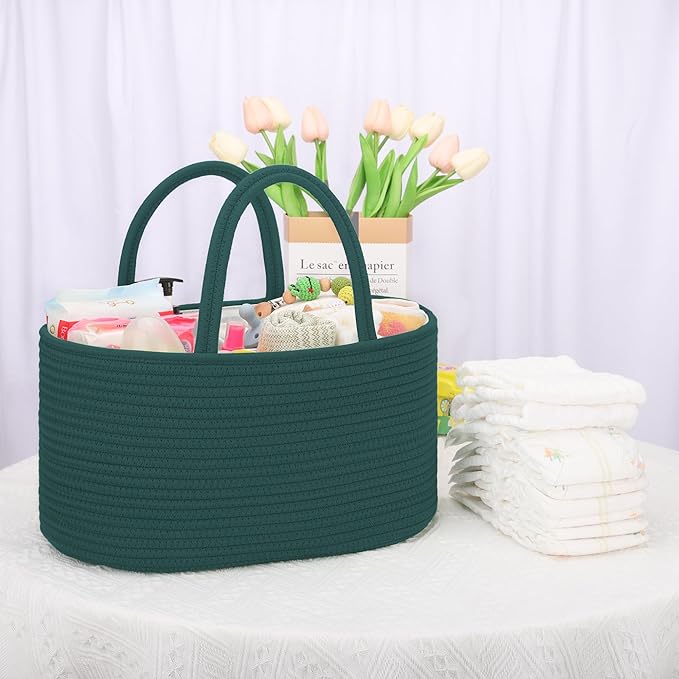 COMSE Large Baby Diaper Caddy Organizer for Girl Boy, Car Caddy with Handles, Cotton Rope Basket for Changing Table, Nursery Organizer, Gift for Baby Shower and Registry Must Have, Dark Green