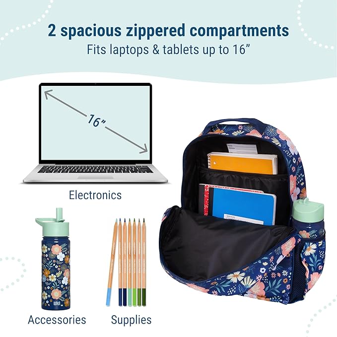 Wildkin ECO rPET 17-inch Large Backpack – Sustainable, Padded, Adjustable – Wildflower Bloom