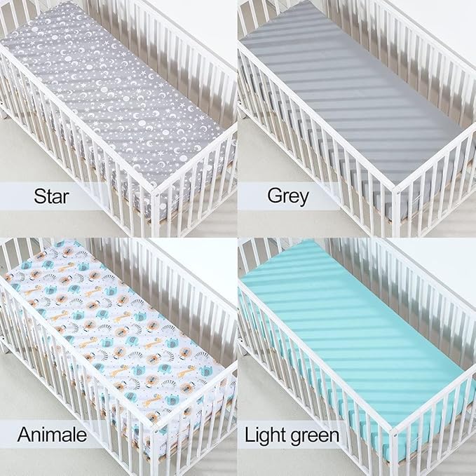 Bimocosy Baby Crib Sheets for Boys, Fitted Crib Sheet 4 Pack for Standard Crib and Toddler Mattresses, Super Soft Breathable Microfiber Baby Sheet 28x52x8in, Stars/Woodland Animals/Grey/Green