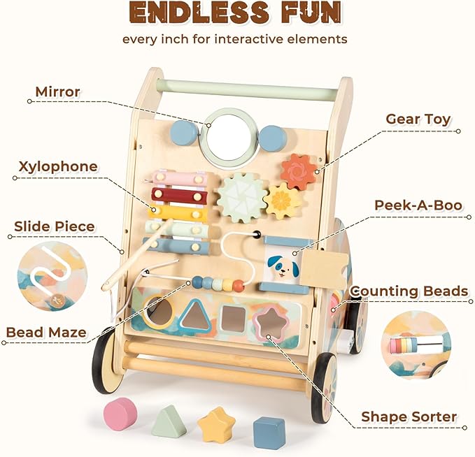 LOL-FUN Wooden Baby Walker with Detachable Busy Board, Push Walker for Baby with Adjustable Speed Wheels, Activity Learning Walker for Boys Girls 6-12 Months