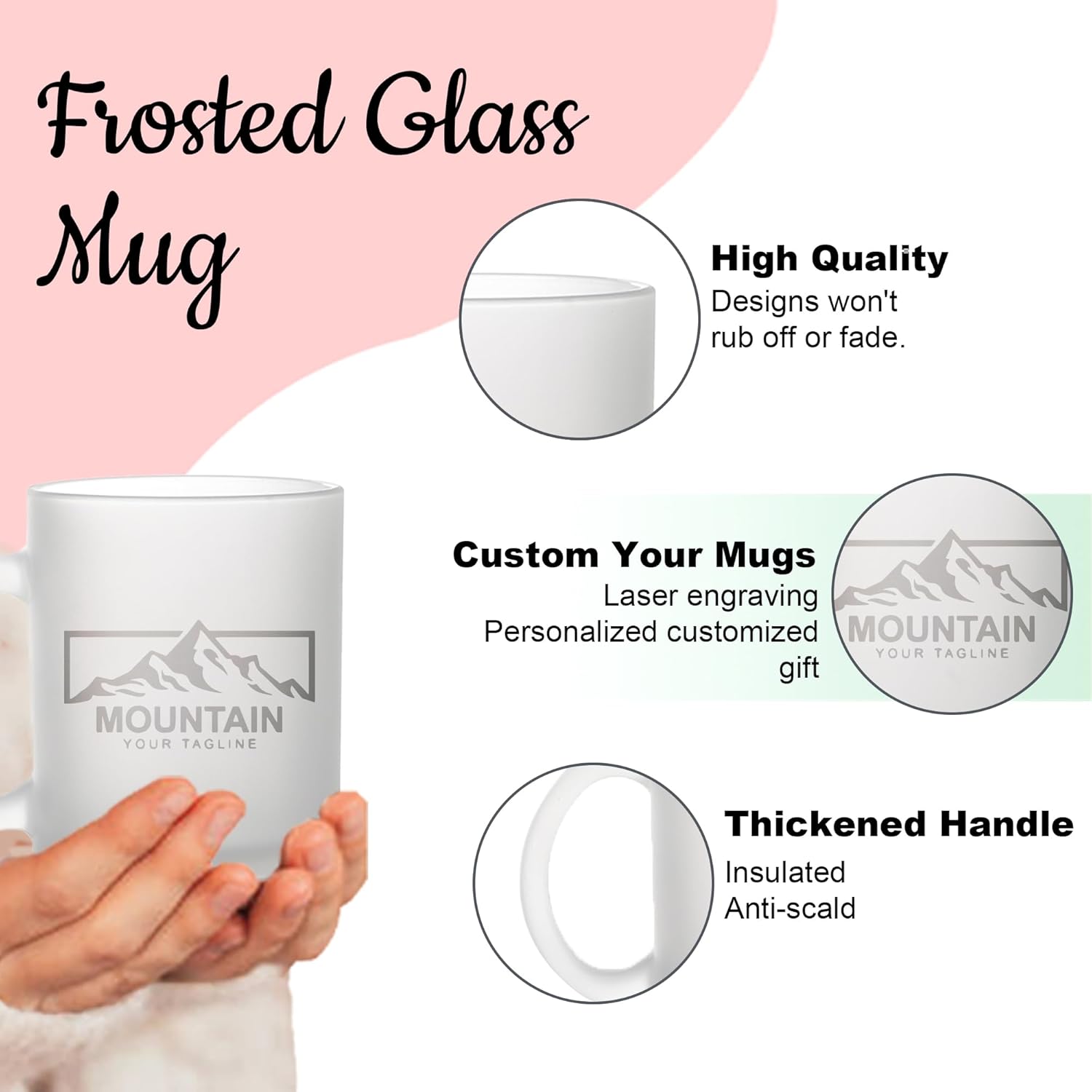 Personalized Coffee Mug Engraved with your Custom Text - Customized 11oz Frosted Glass Mugs, Hot Chocolate Mug, Tea Cup, Birthday Gifts, Retirement Gift (Engraved Custom Logo, Frosted)