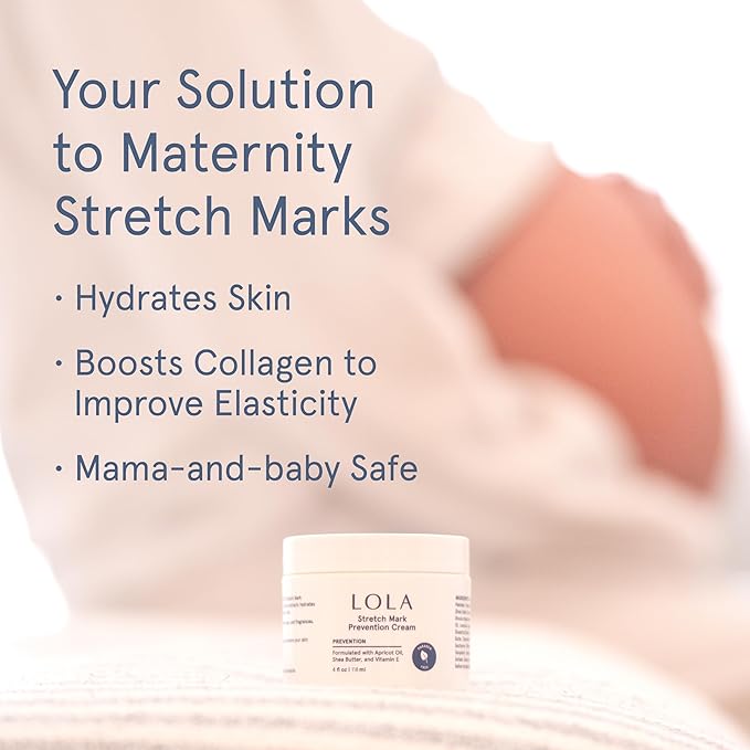 LOLA Stretch Mark Prevention Cream with Hydrating Body Oil for Skin Elasticity - Gentle Hypoallergenic Maternity Self Care Formula - Cocoa Butter Scar Cream & Collagen Support - 4 Fl Oz