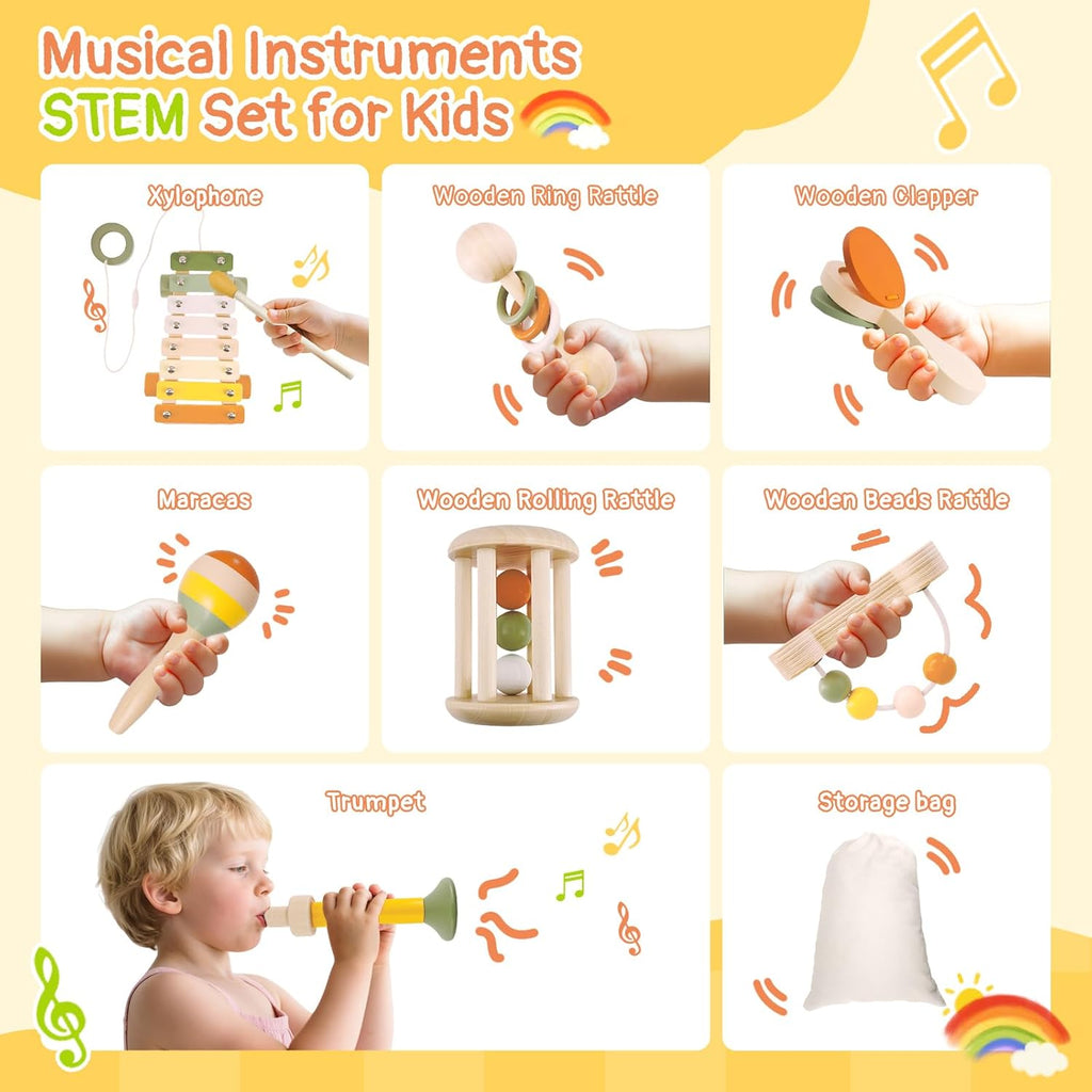 7pcs Musical Instruments Set - 18M+ Montessori Toys 2 3 4 Neutral Colors Wooden Toys for Toddlers 3-5 Percussion Instruments Modern Boho Xylophone Sensory Gifts Boys Girls