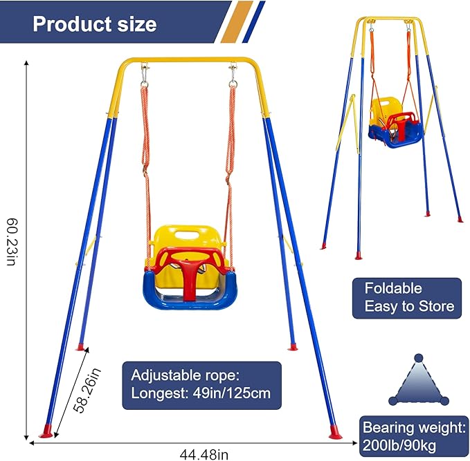 Toddler Swing Set, 3-in-1 Baby Swing Outdoor/Indoor, Toddler Swing&Jumper with Foldable Metal Stand, Baby Swing Outdoor for Aged 6 Months to 10 Years Old