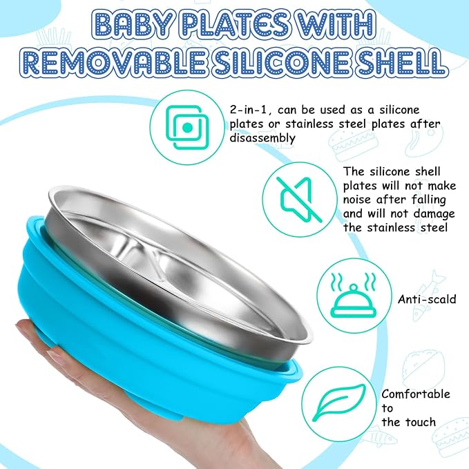 Nuogo 3 Pcs Stainless Steel Baby Suction Plates with Removable Silicone Shell 2-in-1 Metal Toddler Bowl Divided for Picky Eaters Kid Feeding Led Weaning Supply, Dishwasher Safe (Blue Series)