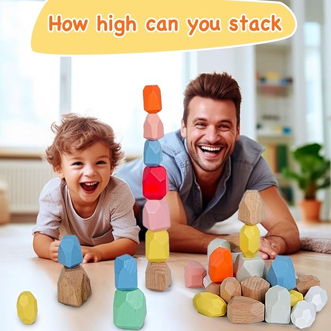 OPPA 36PCS Wooden Stacking Rocks, Montessori Sensory Toys for Toddlers, Building Rocks Stones Games,Stacking Stones for Kids Gifts