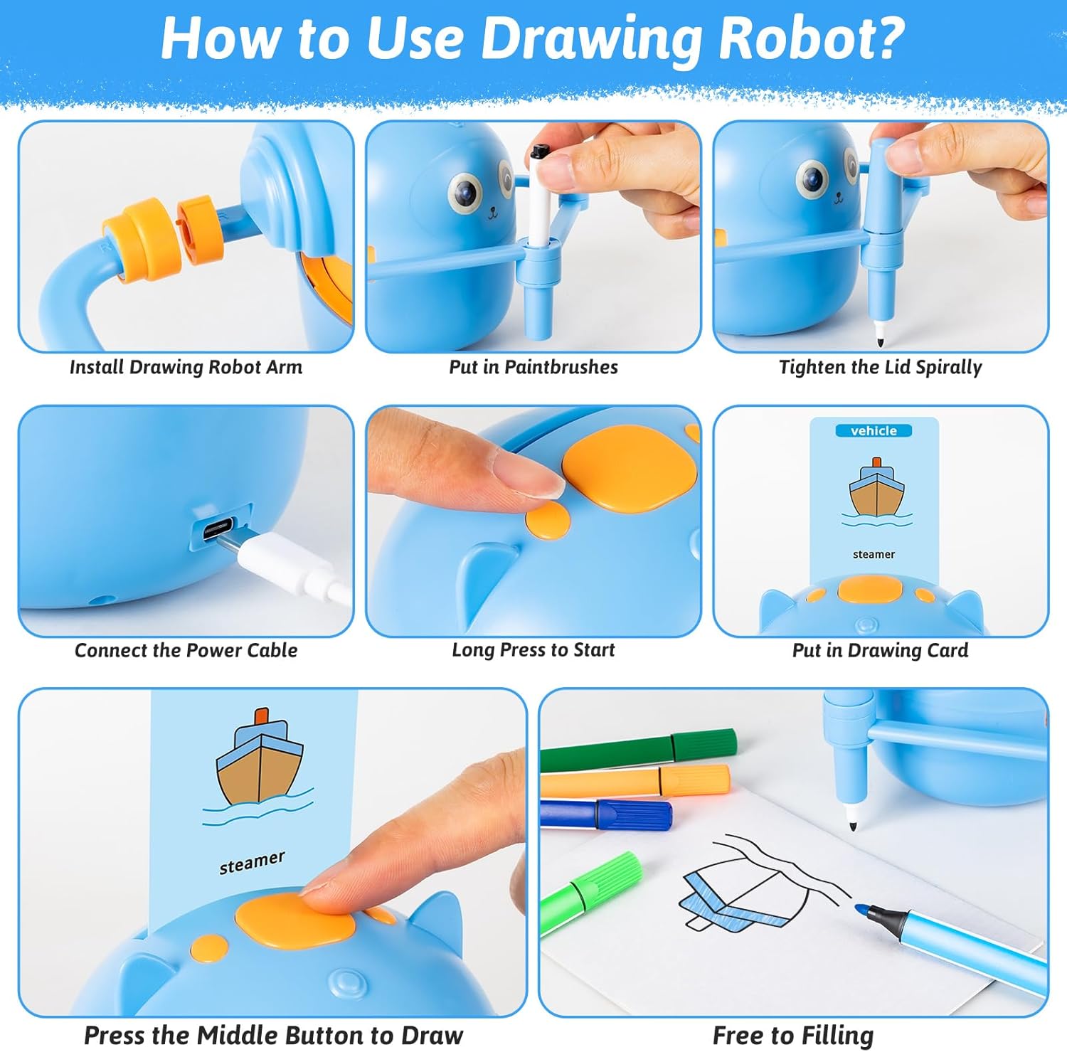 Drawing Robot for Kids, Interactive Educational Drawing Robot, Magic Painting Robot Toy with 100 Word Cards & 16 Color Pens for Girls and Boys Age 3+ (Blue)