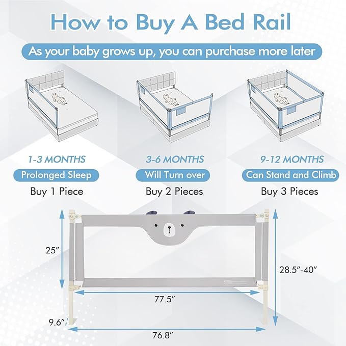 BABY JOY Bed Rail for Toddlers, 77’’ Extra Long, Height Adjustable & Folding Baby Bed Rail Guard w/Breathable Mesh & Double Safety Child Lock for Kids Twin Double Full Size Queen King Mattress (Gray)