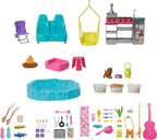 Barbie Dream Camper New for 2025 Playset with Roof Tent, Swing Chair, Fishing Pond, BBQ Grill with Color-Change Feature & 60+ Accessories Including Dough