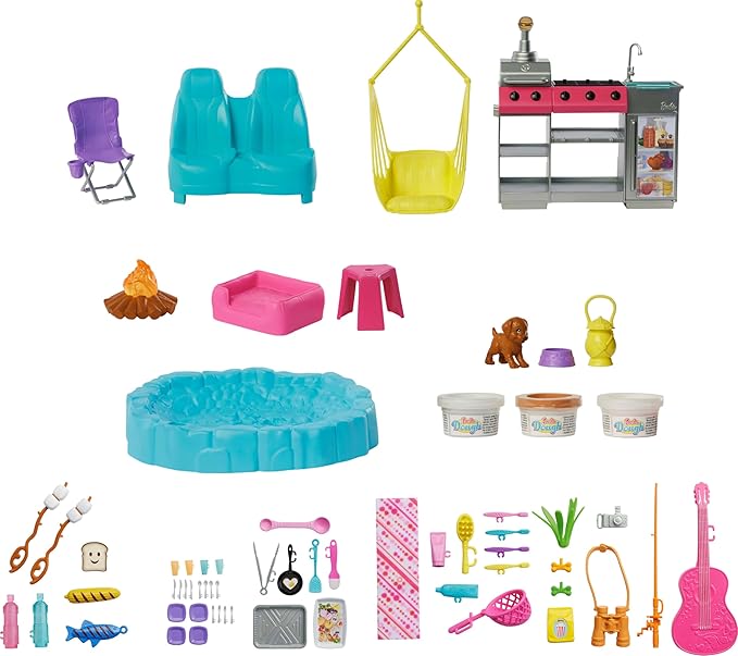 Barbie Dream Camper New for 2025 Playset with Roof Tent, Swing Chair, Fishing Pond, BBQ Grill with Color-Change Feature & 60+ Accessories Including Dough