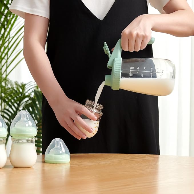 Momcozy Breast Milk Pitcher, Resistant to Heat and Cold Abrupt Temp Swings, No Leak Glass Breast Milk Fridge Storage Container with Wide Mouth, Fast Baby Formula Maker, Green