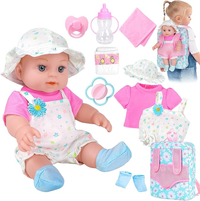 12" Girls Baby Doll Daisy Theme Backpack Carrier Playset,12 Inch Reborn Baby Dolls With Accessories And Clothes Set Toy Stuffs Pink Hanky Diaper Bottle Nipple And Gifts For Baby Toddler Age 3+
