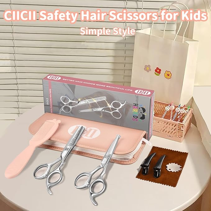 CIICII Kids Hair Cutting Scissors Shears Kit, Safety Round Tip Barber Haircut Scissors Set (Hair Trimming Hairdressing Haircutting Thinning Shears) for Baby Toddler Children, Hairdresser Home Salon