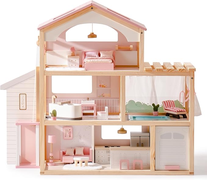 ROBOTIME Wooden Dollhouse, Doll House with 29 Pieces Furniture Set - Pool and Elevator, Wooden Doll House for 4, 5, 6-Inch Dolls, 6 Rooms Pink Dollhouse Gift for Kids Girls Ages 3+ (Pink)