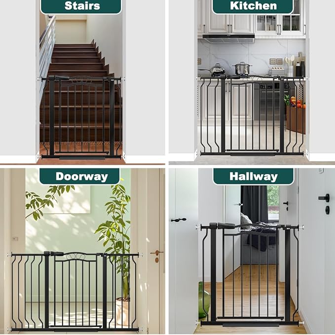 29.53"-43.30" Mornyray Auto-Close Baby Gate Extra Wide, Pressure Mounted Dog & Pet Gate for Stairs Doorways, No Drill Safety Barrier with Lace Design, Metal Child Proof Gate Indoor Outdoor, Black