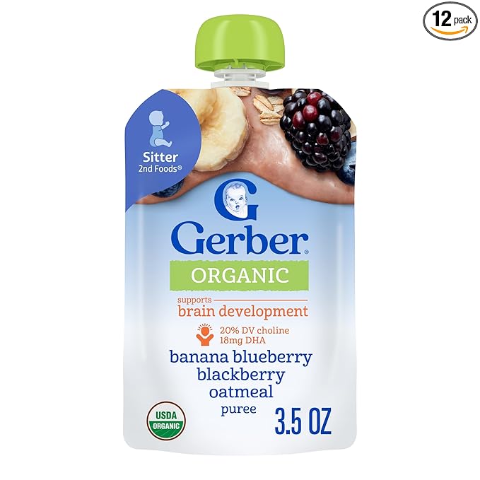 Gerber Stage 2 Baby Food, Organic Banana Blueberry Blackberry Oatmeal, Baby Puree, 12PK