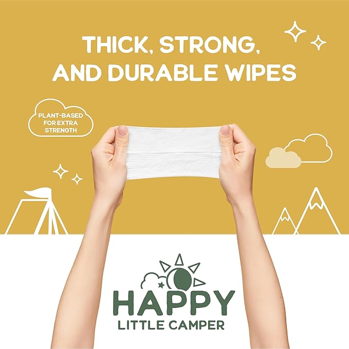 Happy Little Camper Natural Flushable Wipes - Hypoallergenic & Chlorine-Free Wet Wipes with Aloe Vera, Chamomile and Pomegranate Extract - Unscented Baby Wipes Safe for Sensitive Skin - 50 Count