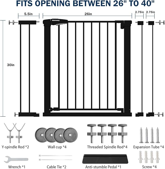 Baby Gate with Door, 26-40" Auto Close Dog Gate Indoor for Stairs Doorways, Easy Install Pressure Mounted Pet Gate, Easy Walk Through Child Safety Gate for The House, Black